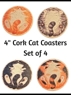 Cat Cork Coasters Set of 4 Round 4" Drink Coasters Cute Cat Coaster Set